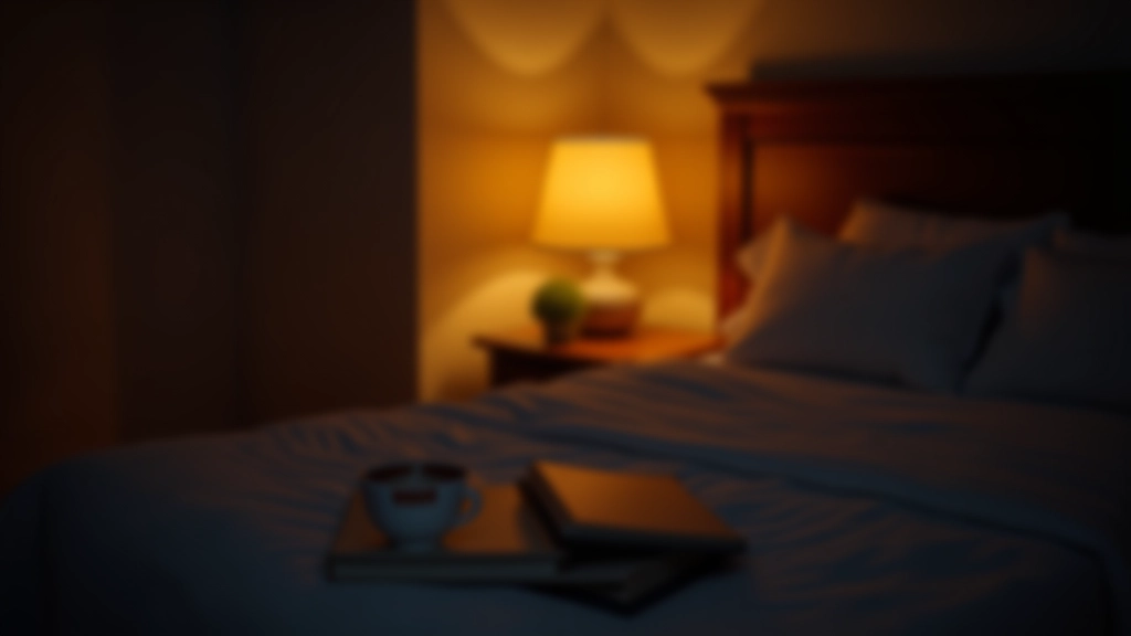 Quarto escuro com lâmpada de luz quente junto a cama, livro e chá numa mesa lateral, ambiente aconchego e relaxante