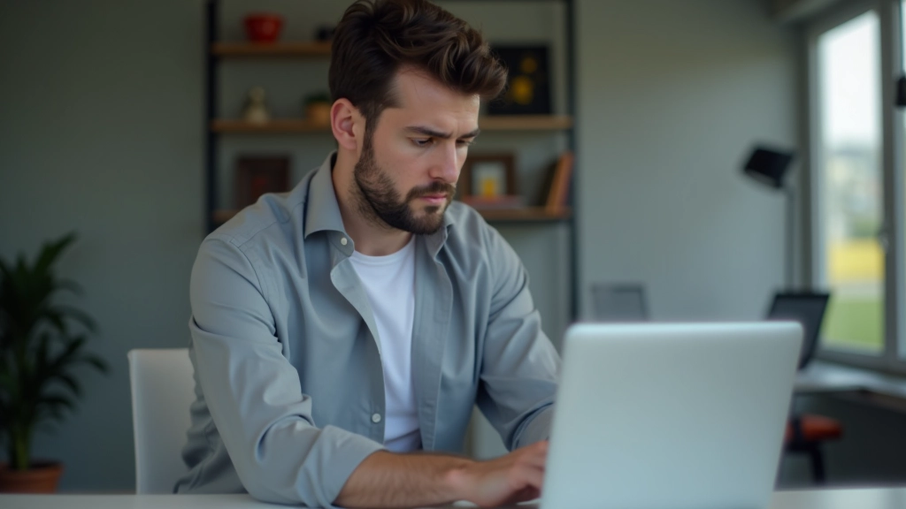 Homem concentrado a trabalhar num computador portátil, com dois monitores, bloco de notas e caneta, ambiente profissional e organizado