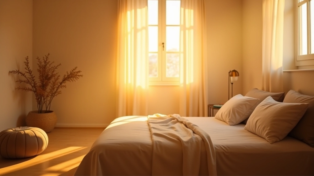 Quarto tranquilo durante o amanhecer, com luz solar dourada entrando pela janela, uma cama arrumada e uma almofada de meditação no chão