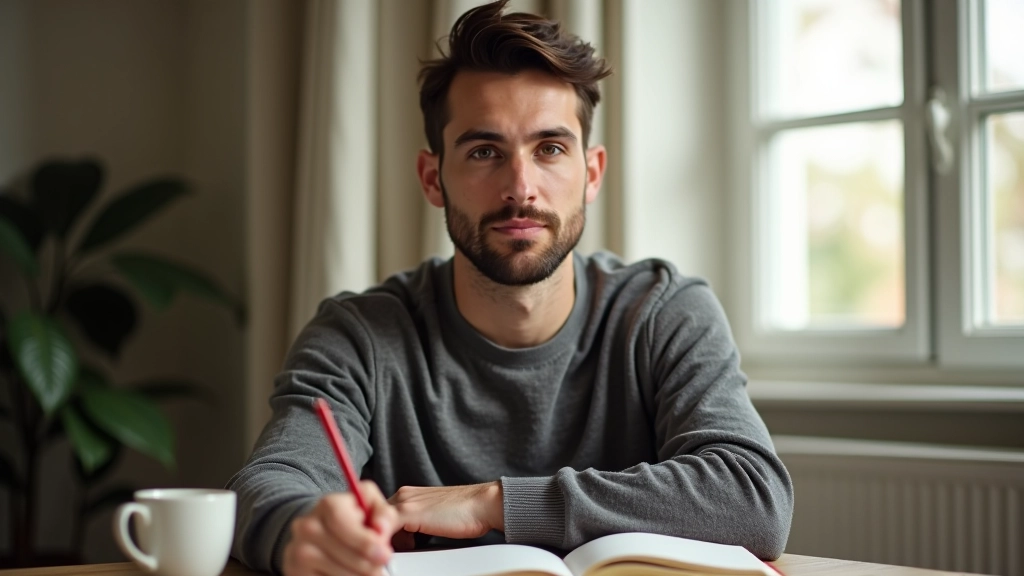Pessoa a trabalhar em caderno de hábitos diários junto a uma xícara de café, com vista clara da janela ao fundo