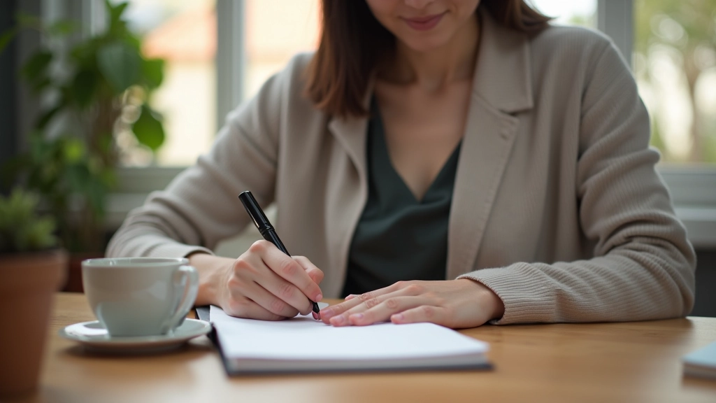 Pessoa a escrever num diário com um café à sua frente, numa secretária bem organizada