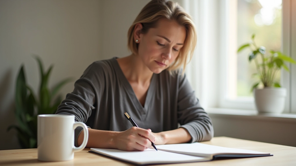 Pessoa a escrever num diário com caneta, junto a uma chávena de café, numa secretária minimalista