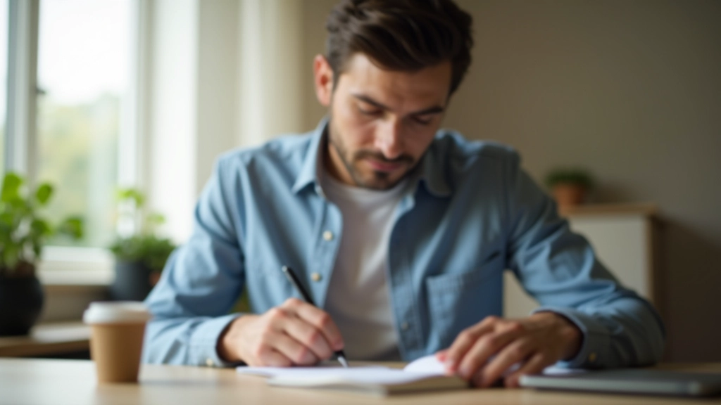 Pessoa escrevendo em um caderno com uma xícara de café ao lado, em ambiente tranquilo de escrivaninha organizada