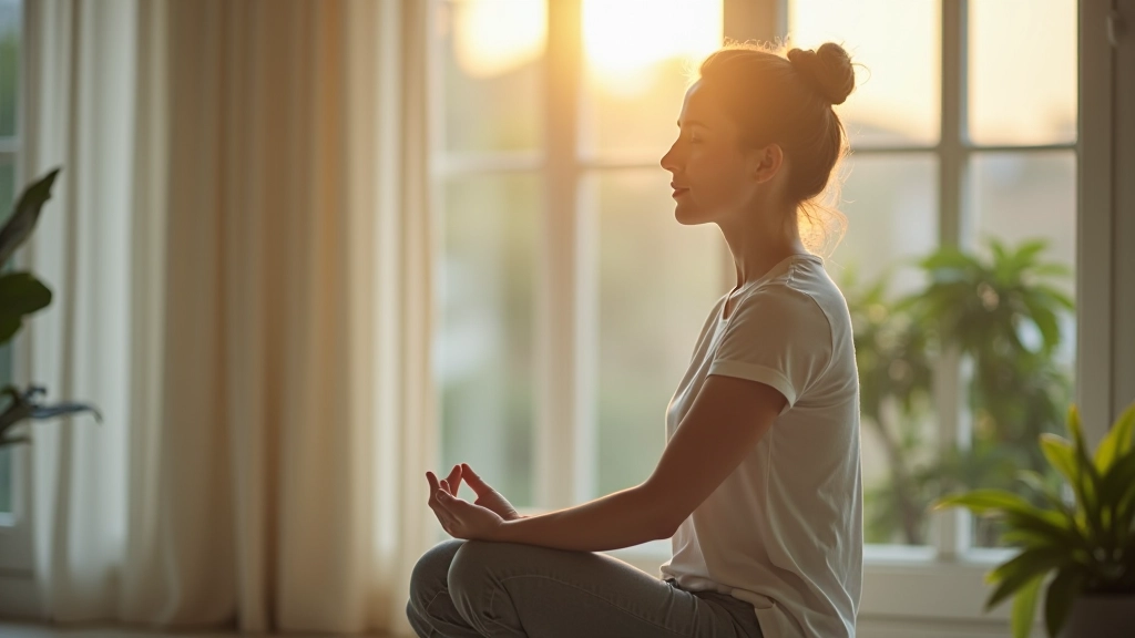 Pessoa a fazer meditação matinal junto a uma janela com luz natural