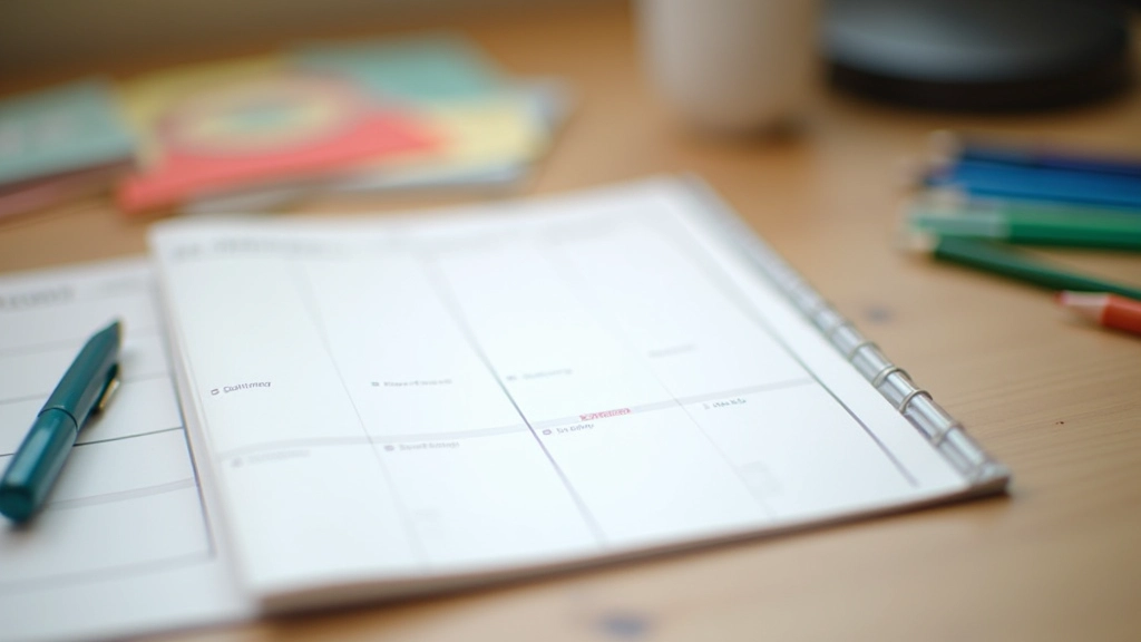 Planeador semanal aberto numa secretária, com anotações coloridas, canetas e óculos, iluminação natural suave