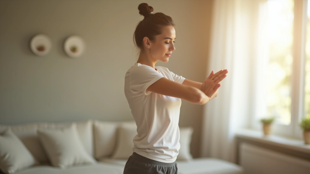 Mulher em casa realizando exercício simples de alongamento no final do dia
