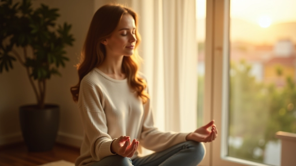 Mulher a meditar de manhã cedo junto a uma janela com luz natural, expressão calma e focada